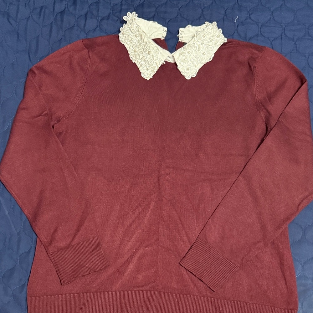 Cable & Gauge Burgundy Sweater with Lace Collar
